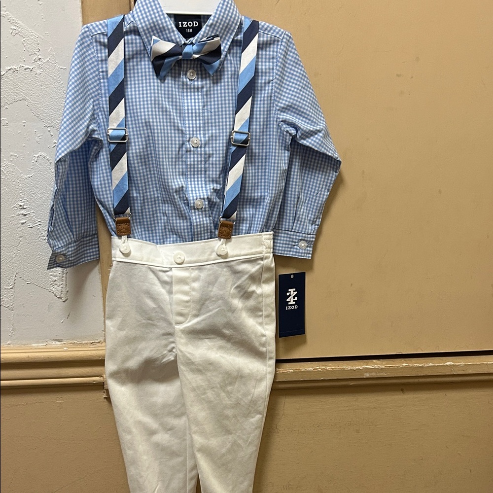NWT Izod Infant Easter Four Piece Set, Shirt, Pants, Bowtie and Suspenders.